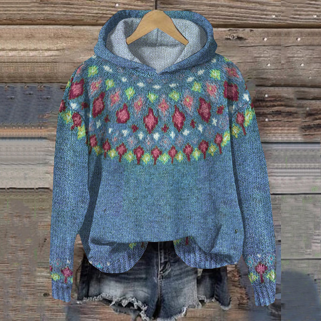 Damski sweter z kapturem we wzór norweski
