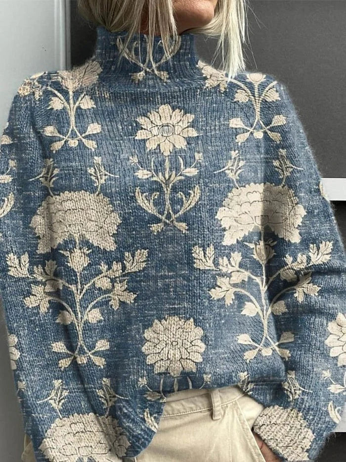 Damski sweter z golfem i leśnym motywem