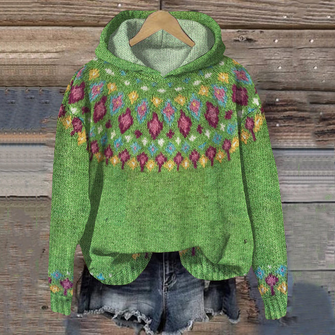 Damski sweter z kapturem we wzór norweski