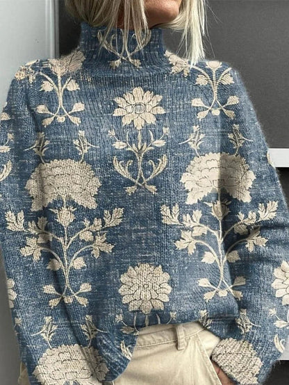 Damski sweter z golfem i leśnym motywem