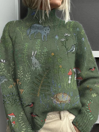 Damski sweter z golfem i leśnym motywem