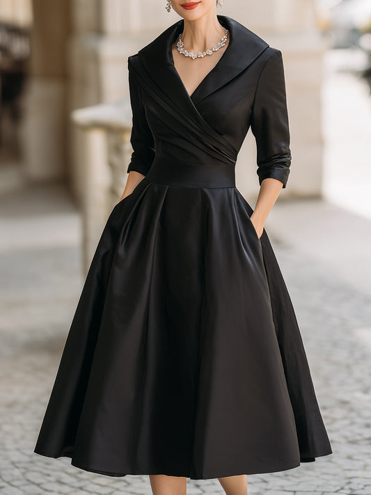 Vintage-Inspired Satin Midi Dress With Draped Collar 0