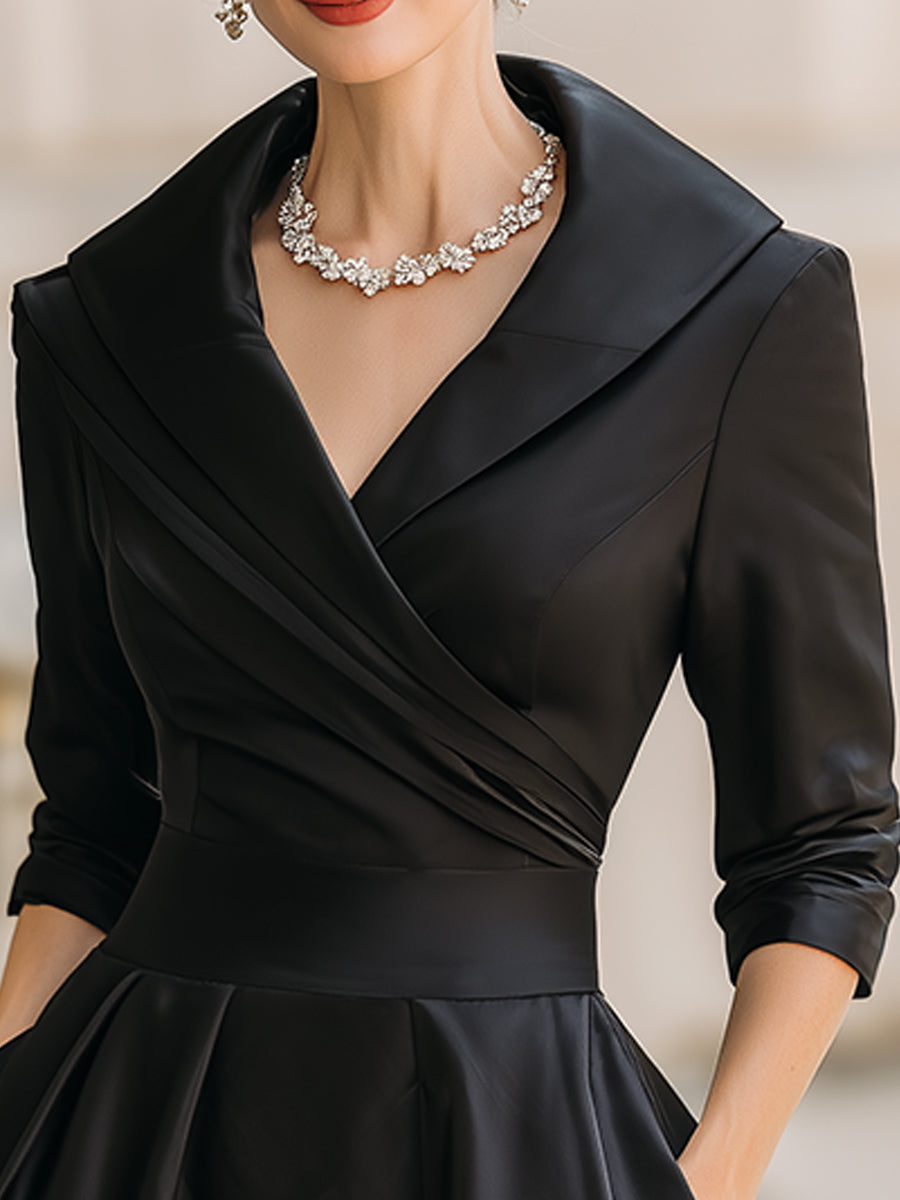 Vintage-Inspired Satin Midi Dress With Draped Collar 1