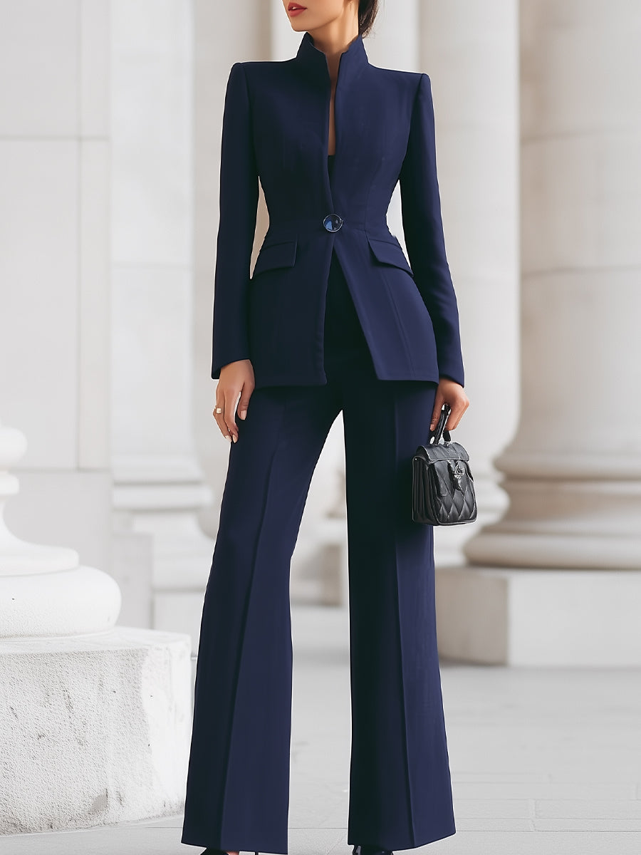 Damski garnitur ze stójką i szerokimi nogawkami